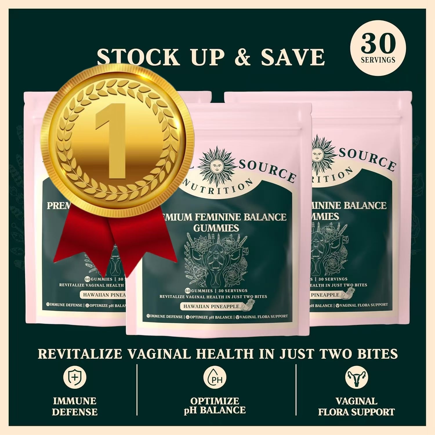 Premium Feminine Balance Gummies - for Women’s Health & Wellness - Immune Support - Vegan, Gluten-Free & Halal - Hawaiian Pineapple - 60 Gummies - 30 Servings