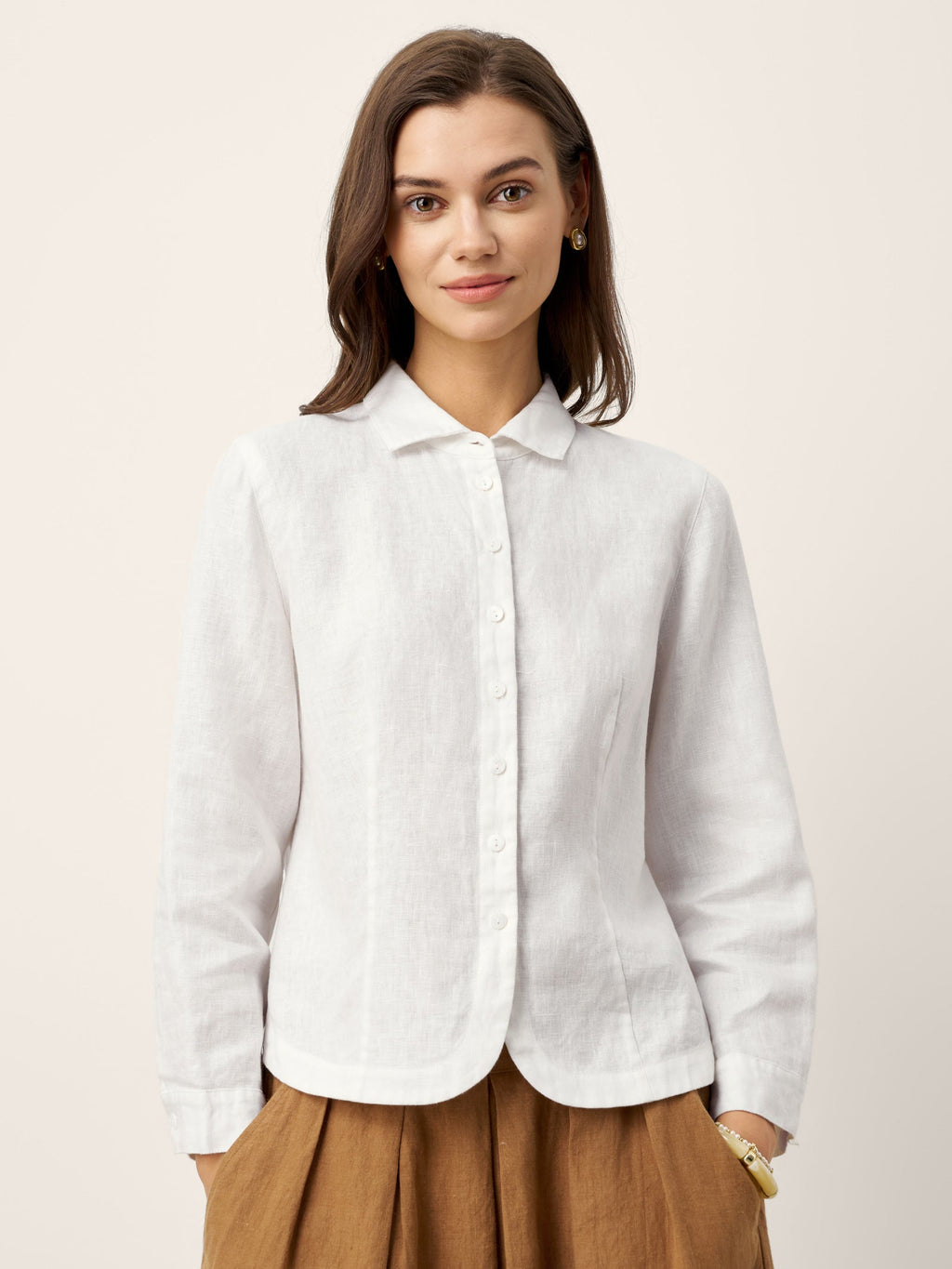 100% Linen Small Collar Curved Hem Tailored Shirt AVELINE