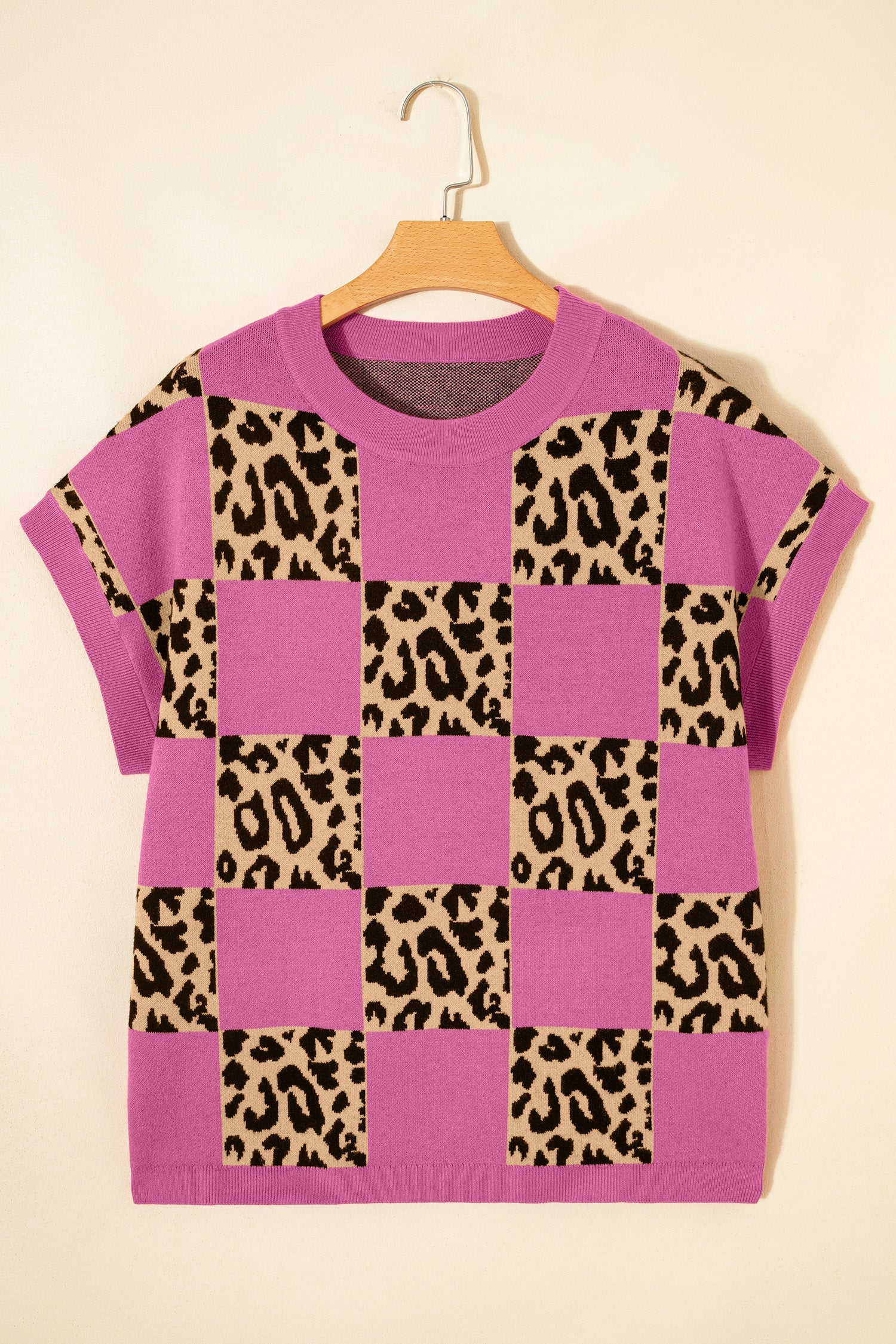 Leopard Checker Short Sleeve Knit Sweater