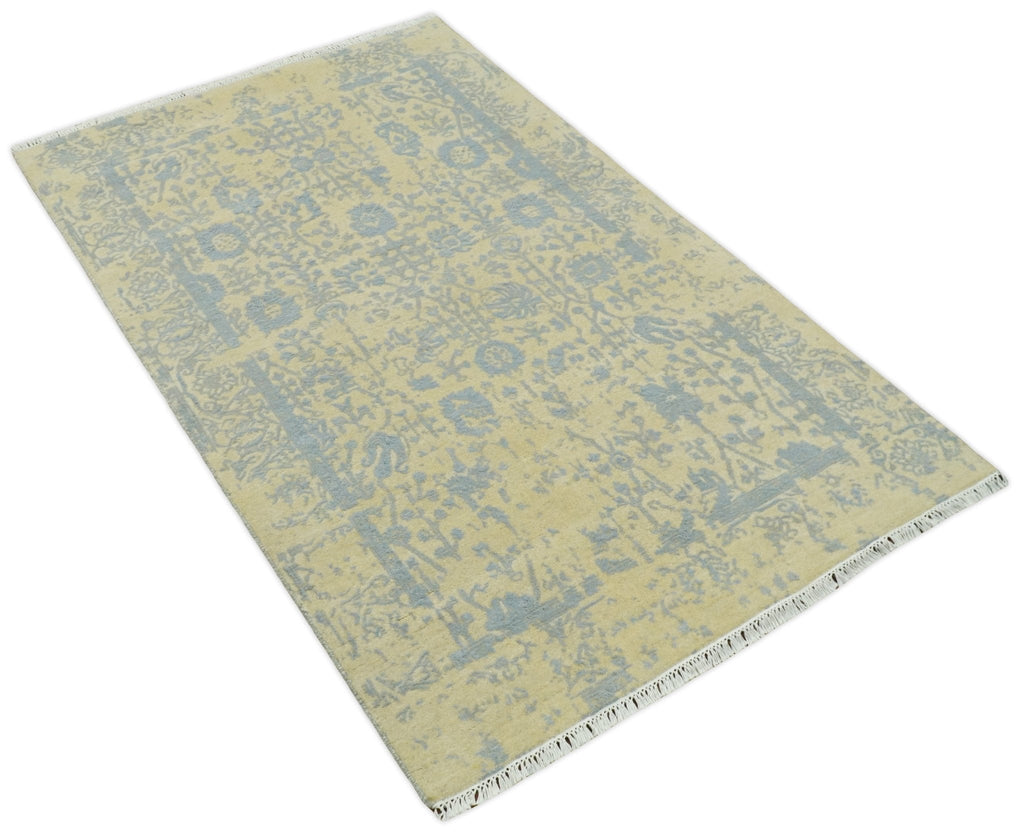 4x6 Fine Hand Knotted Gold and Silver Traditional Persian Style Antique Wool and Silk Rug
