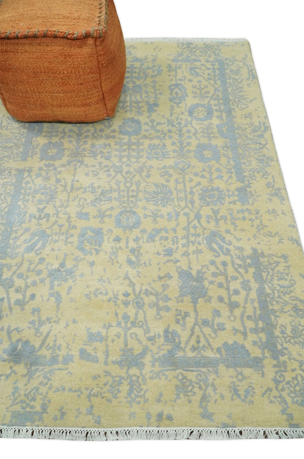 4x6 Fine Hand Knotted Gold and Silver Traditional Persian Style Antique Wool and Silk Rug