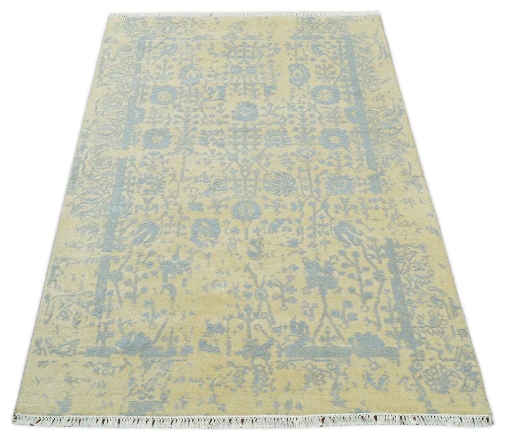 4x6 Fine Hand Knotted Gold and Silver Traditional Persian Style Antique Wool and Silk Rug
