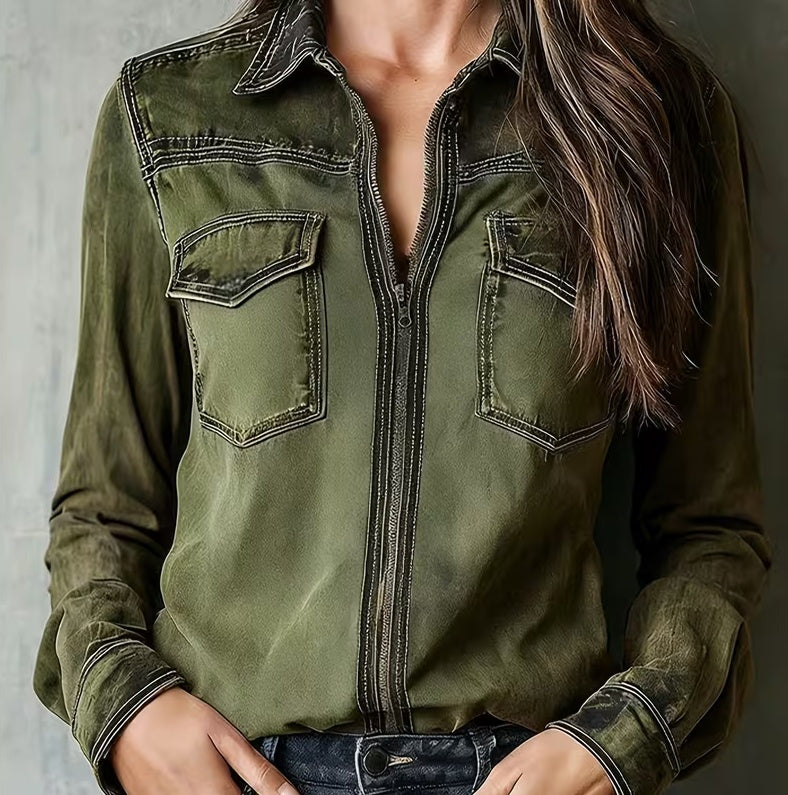 Vintage Workwear Style Lapel Long-sleeve Slimming Top
