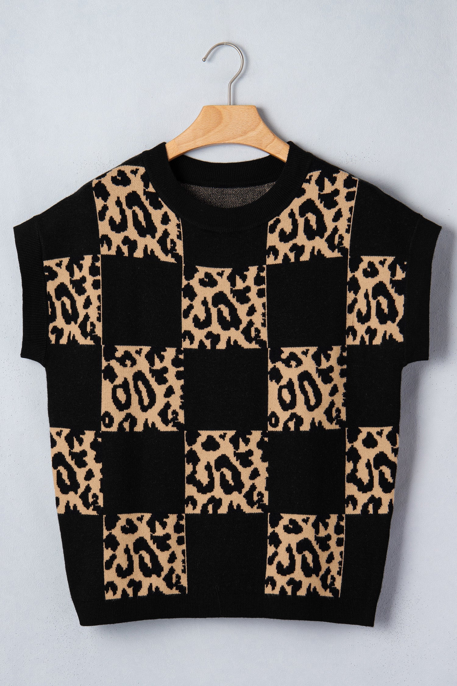 Leopard Checker Short Sleeve Knit Sweater