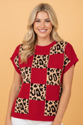 Leopard Checker Short Sleeve Knit Sweater