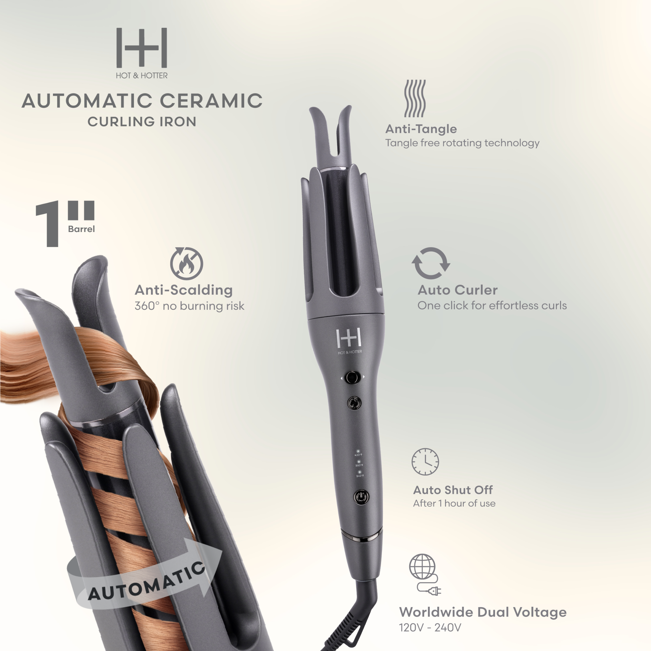 Hot & Hotter Ceramic Auto Curler 1 Inch, 1 Count, Grey