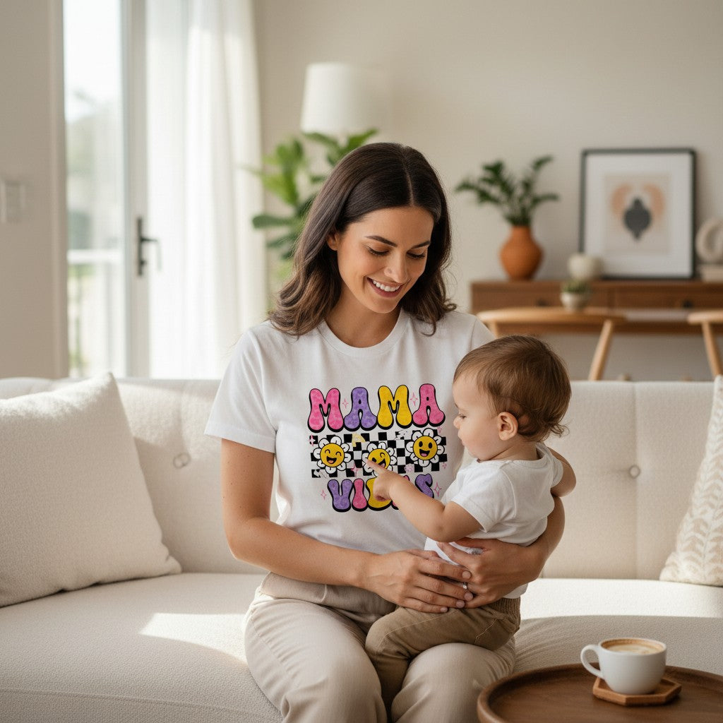 Trendy Checkerboard Mama Vibes Shirt 100% Cotton Short Sleeve Casual Aesthetic Apparel