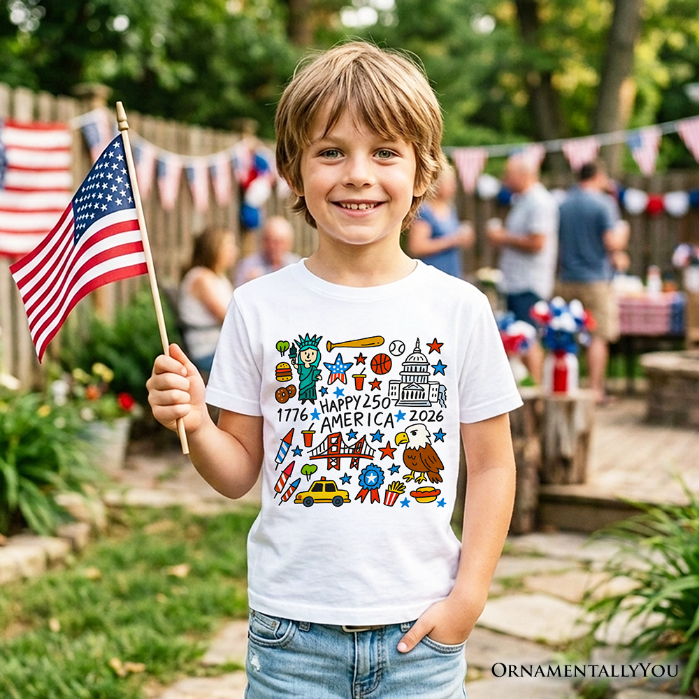 Kids Happy 250 America Doodle T-Shirt, Youth Patriotic USA 1776-2026 250th Anniversary Tee
