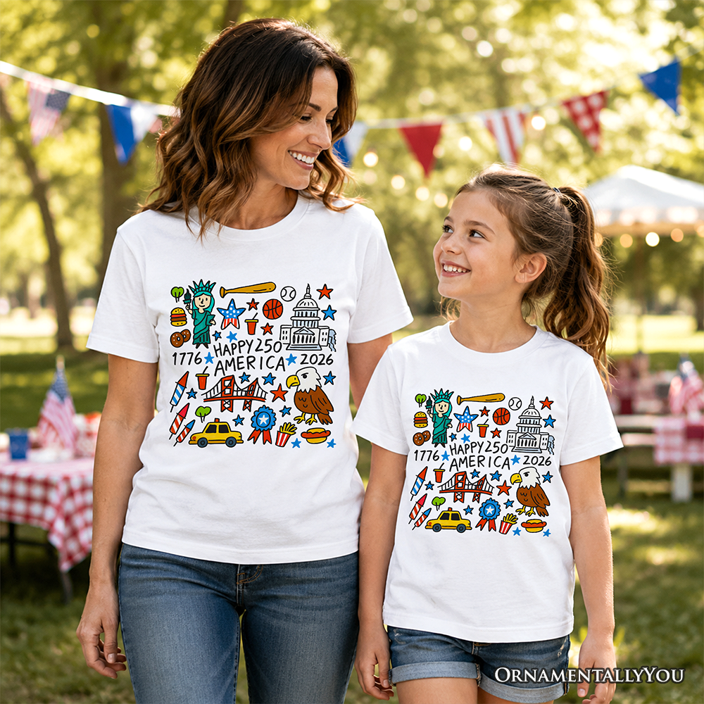 Kids Happy 250 America Doodle T-Shirt, Youth Patriotic USA 1776-2026 250th Anniversary Tee