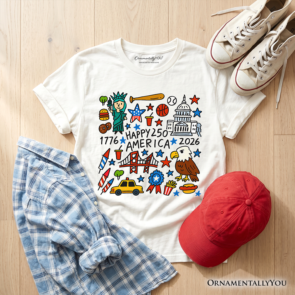 Kids Happy 250 America Doodle T-Shirt, Youth Patriotic USA 1776-2026 250th Anniversary Tee