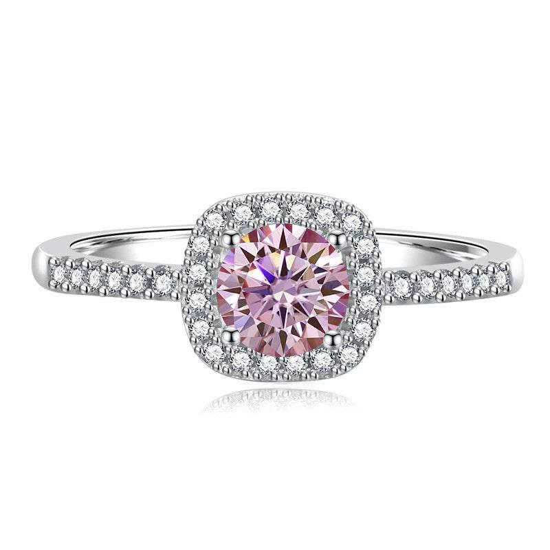 S925 Multicolor Moissanite Cushion Halo Adjustable Rings with Pavé-Set Band & Square Accents, 0.5ct-2ct D-Grade VVS Certificate, 12 Vibrant Colors, Sterling Silver Jewelry