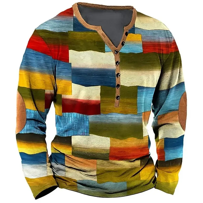 Patchwork Denim Vintage Men’s T-Shirt, Patchwork Grid Pattern Long Sleeve, 3D Print Long Sleeve T-Shirt, Oversized Men’s Button Top