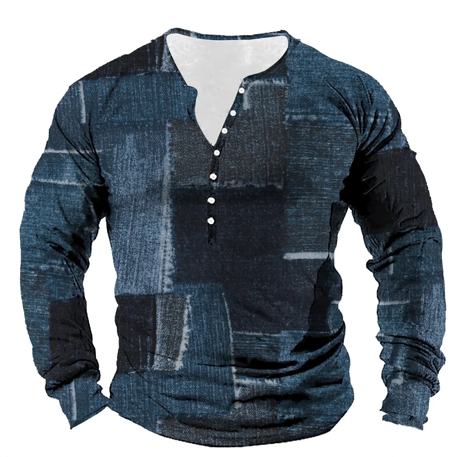 Patchwork Denim Vintage Men’s T-Shirt, Patchwork Grid Pattern Long Sleeve, 3D Print Long Sleeve T-Shirt, Oversized Men’s Button Top