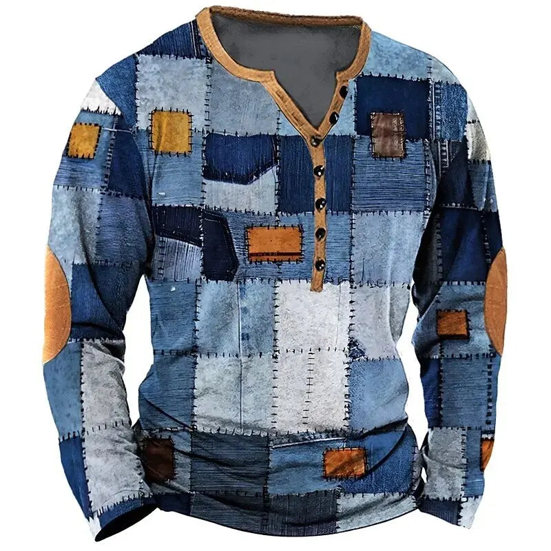Patchwork Denim Vintage Men’s T-Shirt, Patchwork Grid Pattern Long Sleeve, 3D Print Long Sleeve T-Shirt, Oversized Men’s Button Top