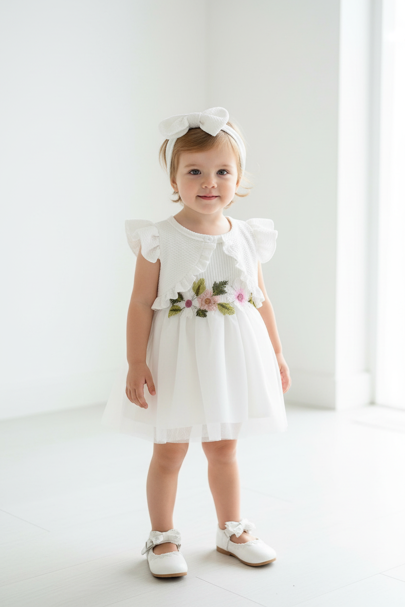 Infant Summer Floral Vest Mesh Dress Jacket Set with Hair Accessories