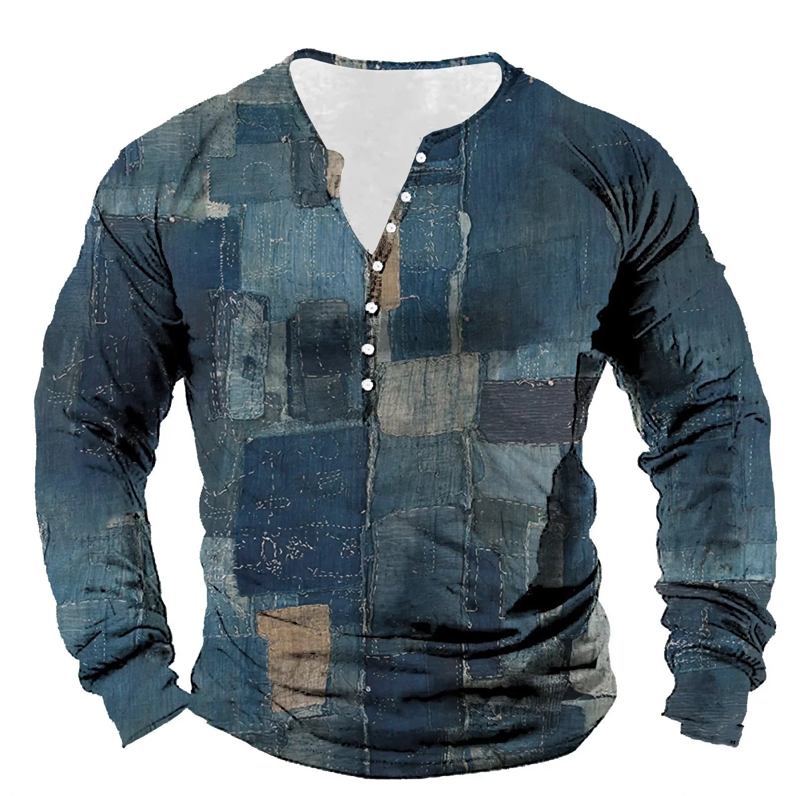 Patchwork Denim Vintage Men’s T-Shirt, Patchwork Grid Pattern Long Sleeve, 3D Print Long Sleeve T-Shirt, Oversized Men’s Button Top