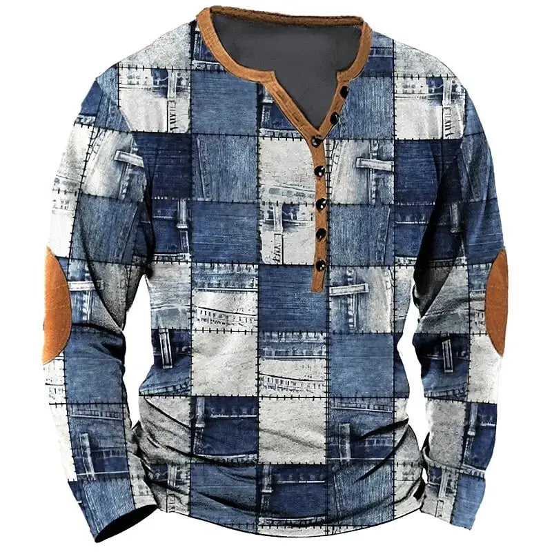 Patchwork Denim Vintage Men’s T-Shirt, Patchwork Grid Pattern Long Sleeve, 3D Print Long Sleeve T-Shirt, Oversized Men’s Button Top