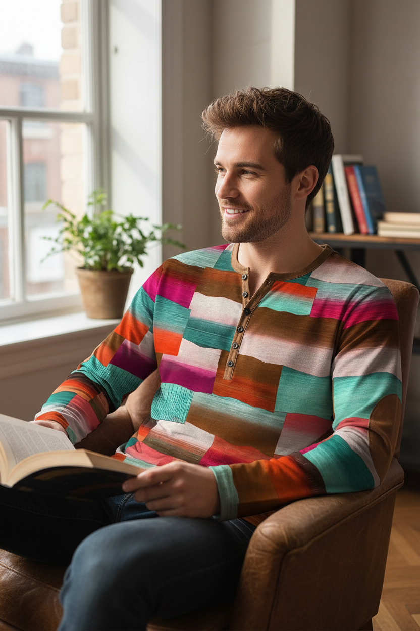 Patchwork Denim Vintage Men’s T-Shirt, Patchwork Grid Pattern Long Sleeve, 3D Print Long Sleeve T-Shirt, Oversized Men’s Button Top