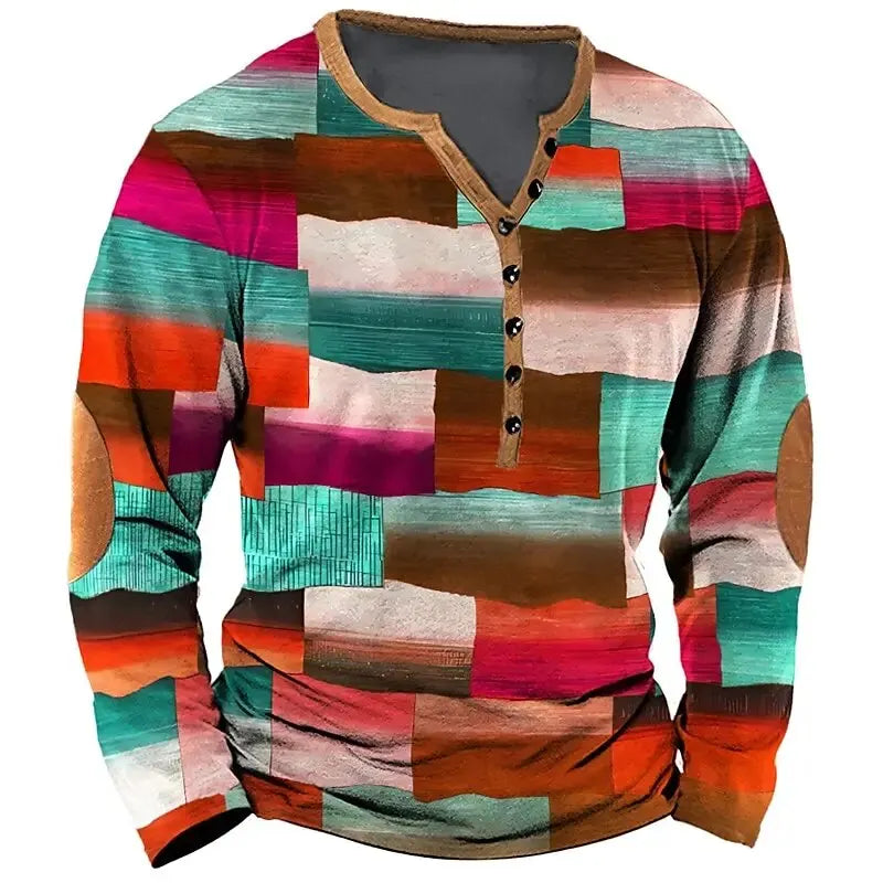 Patchwork Denim Vintage Men’s T-Shirt, Patchwork Grid Pattern Long Sleeve, 3D Print Long Sleeve T-Shirt, Oversized Men’s Button Top