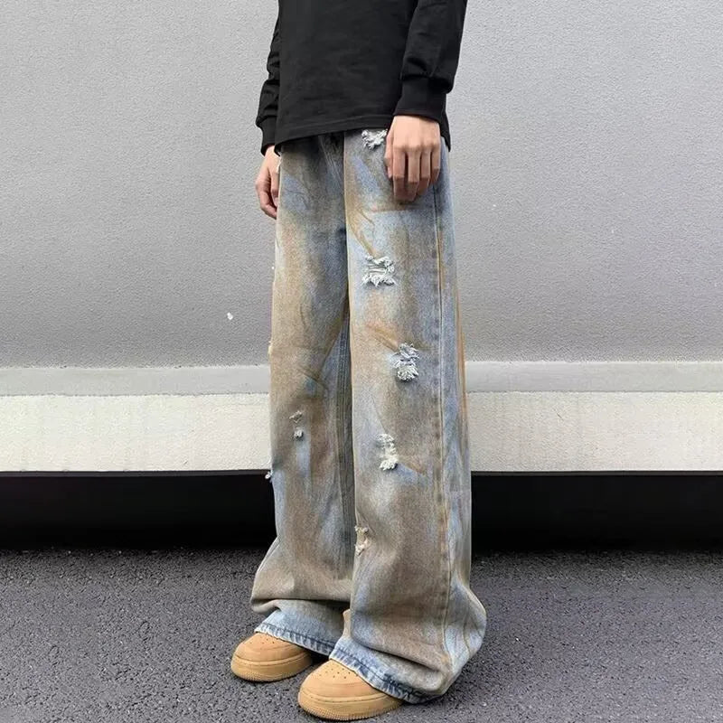 Japanese Straight Leg Jeans For Men Loose Wide Leg Pants Fashion Casual Ripped Jeans Vintage Y2k Jeans