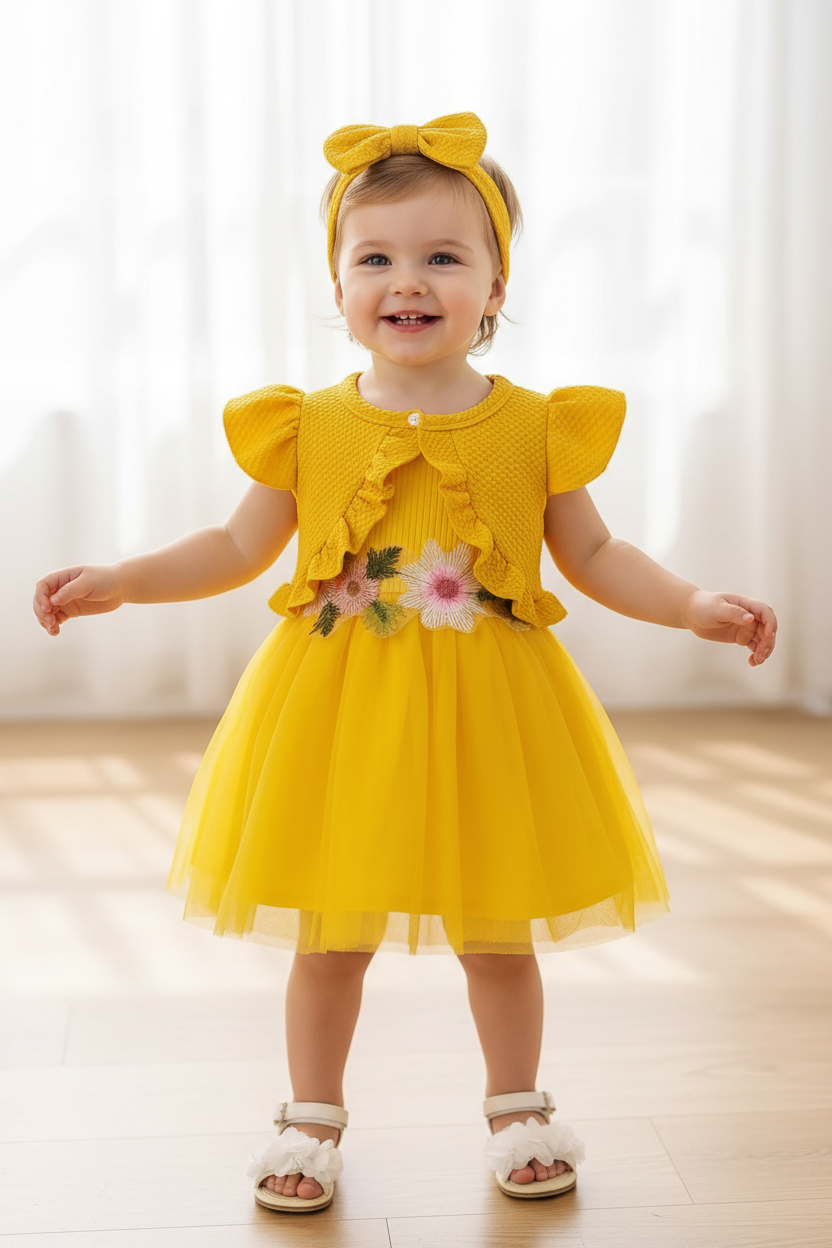 Infant Summer Floral Vest Mesh Dress Jacket Set with Hair Accessories