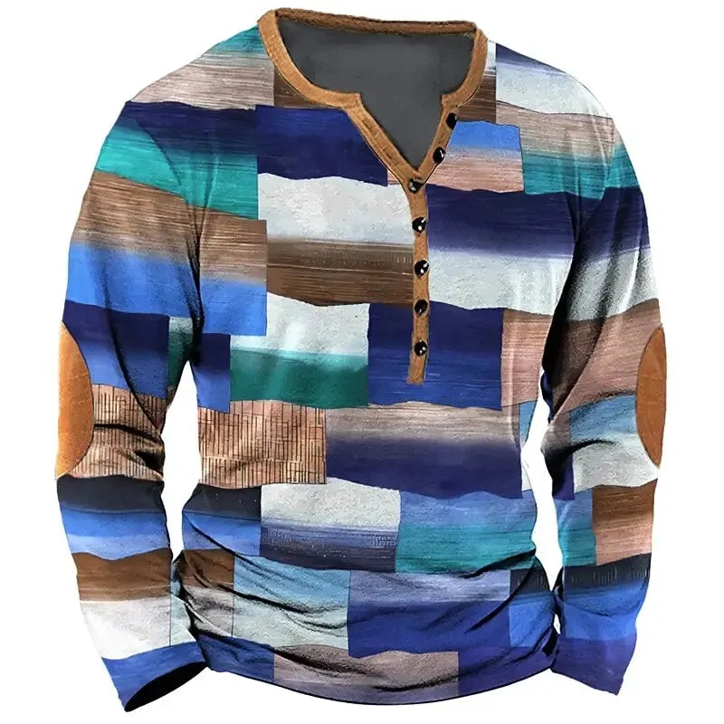 Patchwork Denim Vintage Men’s T-Shirt, Patchwork Grid Pattern Long Sleeve, 3D Print Long Sleeve T-Shirt, Oversized Men’s Button Top