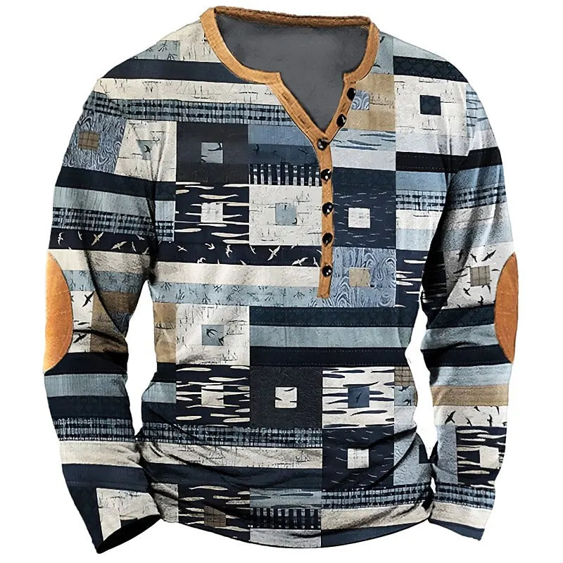 Patchwork Denim Vintage Men’s T-Shirt, Patchwork Grid Pattern Long Sleeve, 3D Print Long Sleeve T-Shirt, Oversized Men’s Button Top