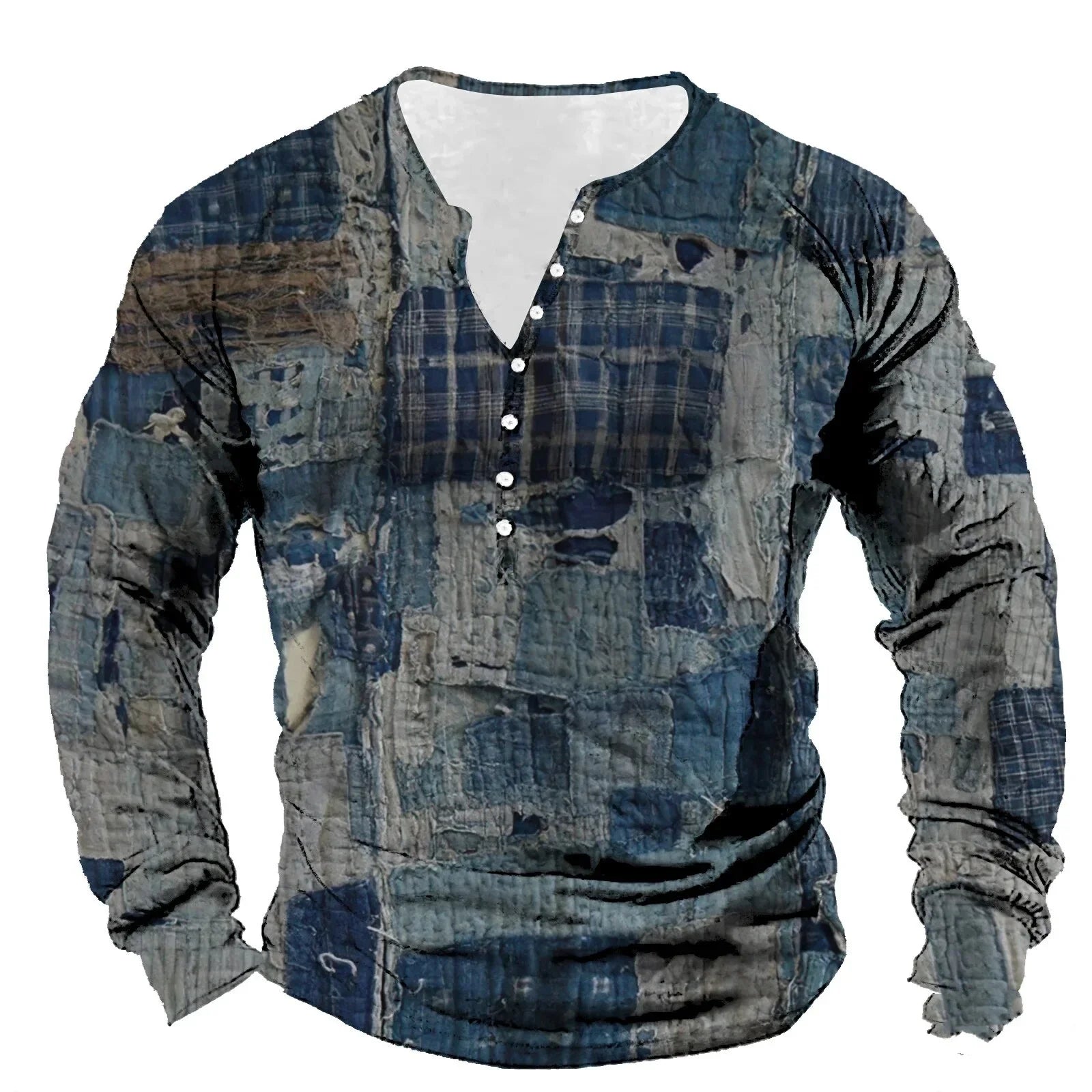 Patchwork Denim Vintage Men’s T-Shirt, Patchwork Grid Pattern Long Sleeve, 3D Print Long Sleeve T-Shirt, Oversized Men’s Button Top