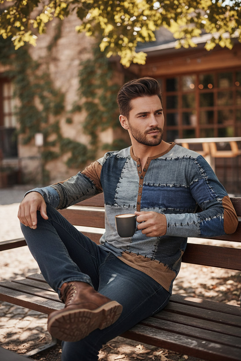 Patchwork Denim Vintage Men’s T-Shirt, Patchwork Grid Pattern Long Sleeve, 3D Print Long Sleeve T-Shirt, Oversized Men’s Button Top