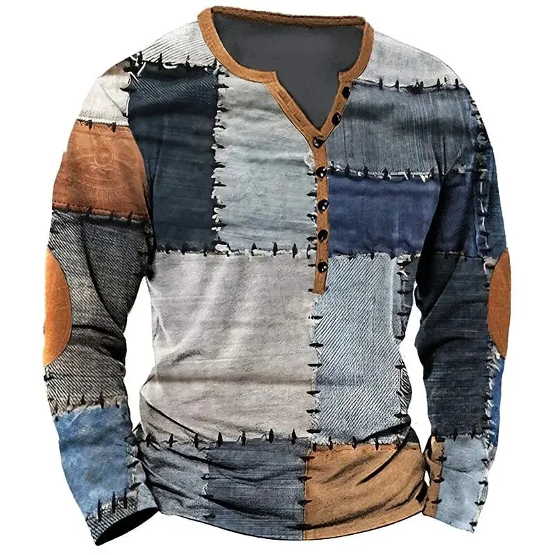 Patchwork Denim Vintage Men’s T-Shirt, Patchwork Grid Pattern Long Sleeve, 3D Print Long Sleeve T-Shirt, Oversized Men’s Button Top