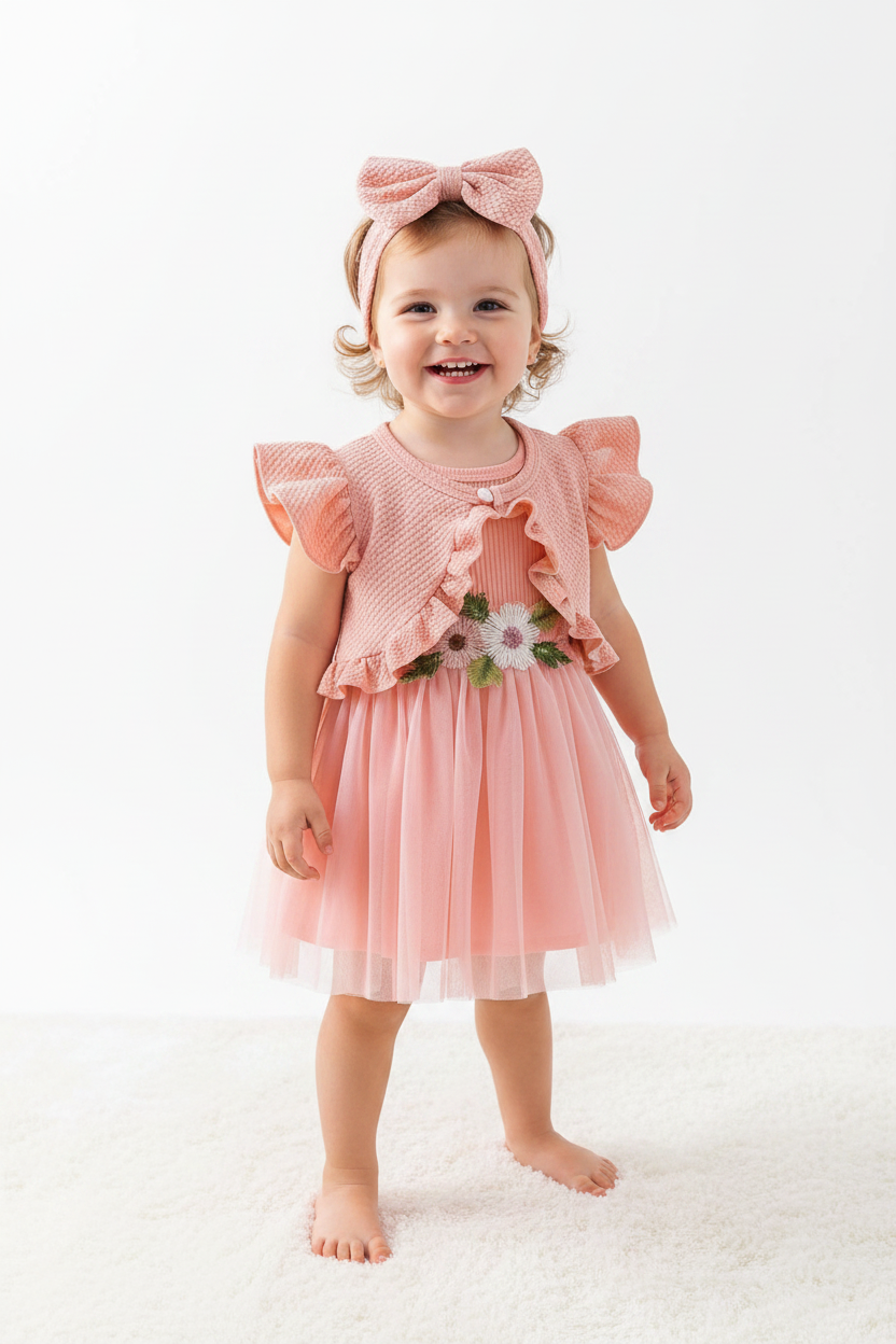 Infant Summer Floral Vest Mesh Dress Jacket Set with Hair Accessories