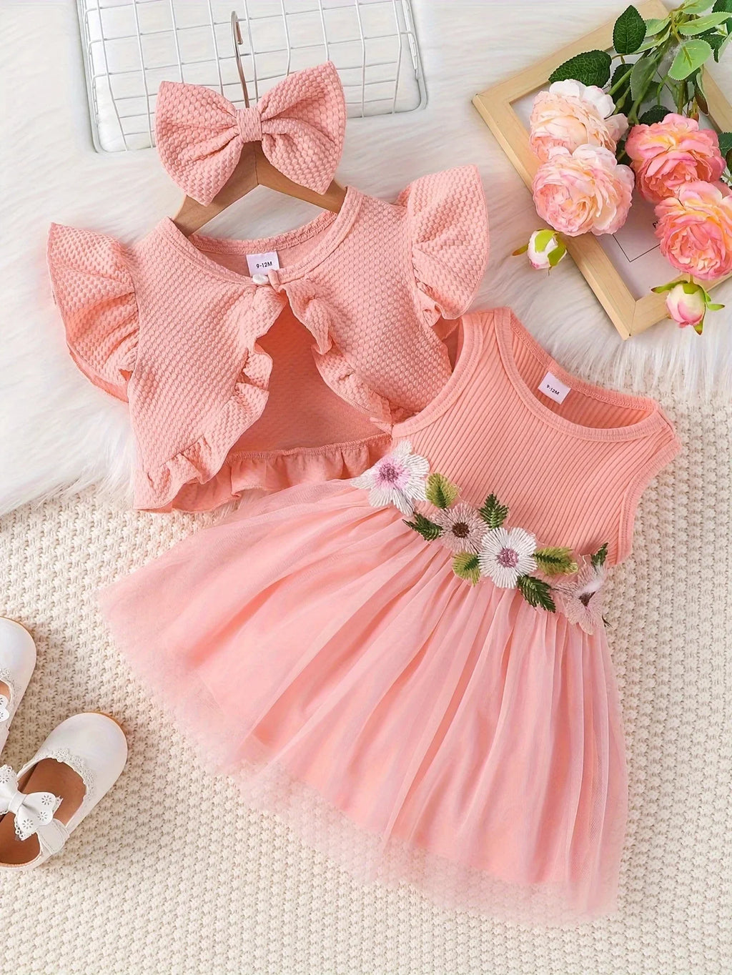 Infant Summer Floral Vest Mesh Dress Jacket Set with Hair Accessories