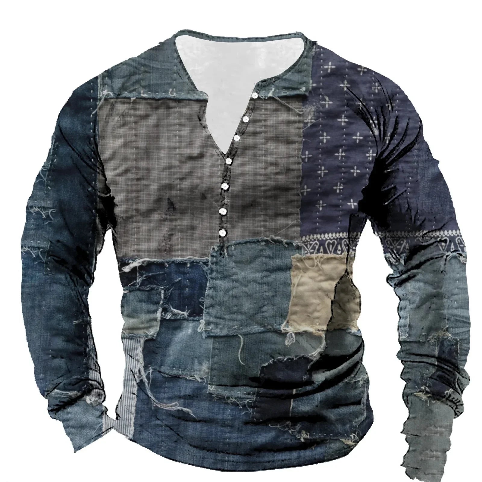 Patchwork Denim Vintage Men’s T-Shirt, Patchwork Grid Pattern Long Sleeve, 3D Print Long Sleeve T-Shirt, Oversized Men’s Button Top