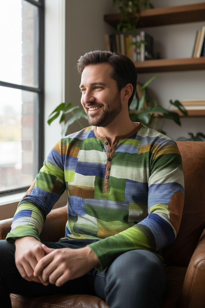 Patchwork Denim Vintage Men’s T-Shirt, Patchwork Grid Pattern Long Sleeve, 3D Print Long Sleeve T-Shirt, Oversized Men’s Button Top