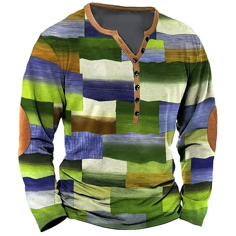 Patchwork Denim Vintage Men’s T-Shirt, Patchwork Grid Pattern Long Sleeve, 3D Print Long Sleeve T-Shirt, Oversized Men’s Button Top