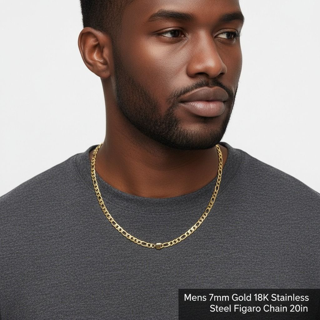 Men’s Figaro Chain Necklace 20in 7mm 18K Gold Stainless Steel Stylish Jewelry