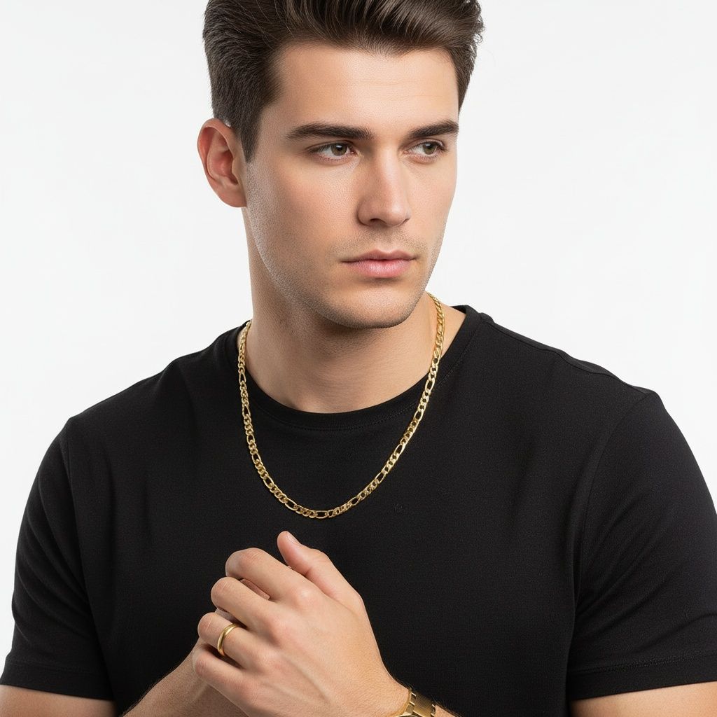 Men’s Figaro Chain Necklace 20in 7mm 18K Gold Stainless Steel Stylish Jewelry