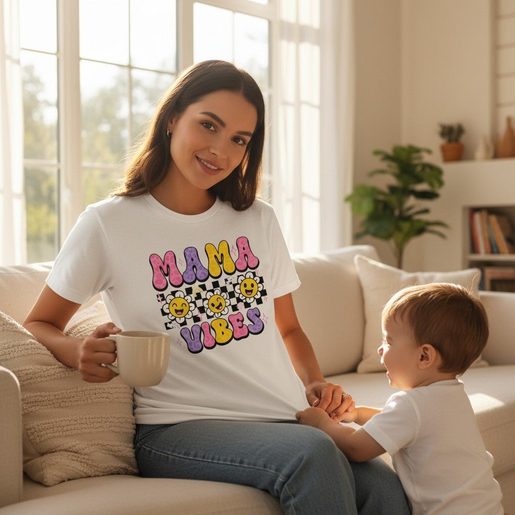 Trendy Checkerboard Mama Vibes Shirt 100% Cotton Short Sleeve Casual Aesthetic Apparel