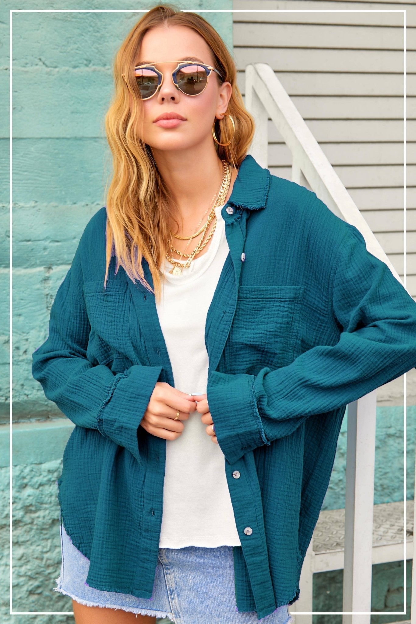 La Miel Soft Washed Crinkled Cotton Button-Down Western Shirt — Oversized Slouchy Fit with Raw Hemline (small remaining)